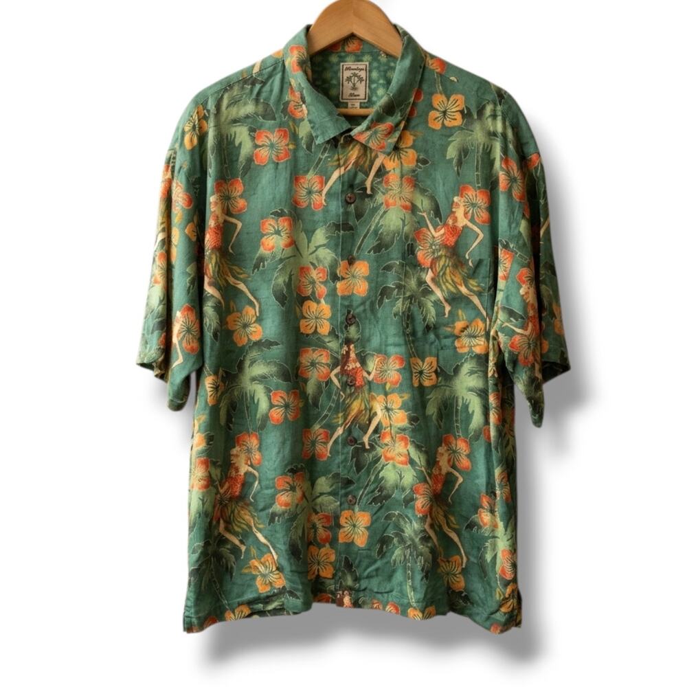Montego Mon 100% Silk Green Hula Girl Tropical Hawaiian Camp Shirt XXL